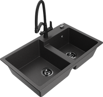Mexen Tomas гранитна кухненска мивка с 2 камери и кухненски смесител Duo, черен на пръски - 6516-76-671701-70-B