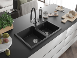 Mexen Tomas кухненска мивка от гранит с 2 камери и кухненски смесител Duo, черен - 6516-77-671701-07