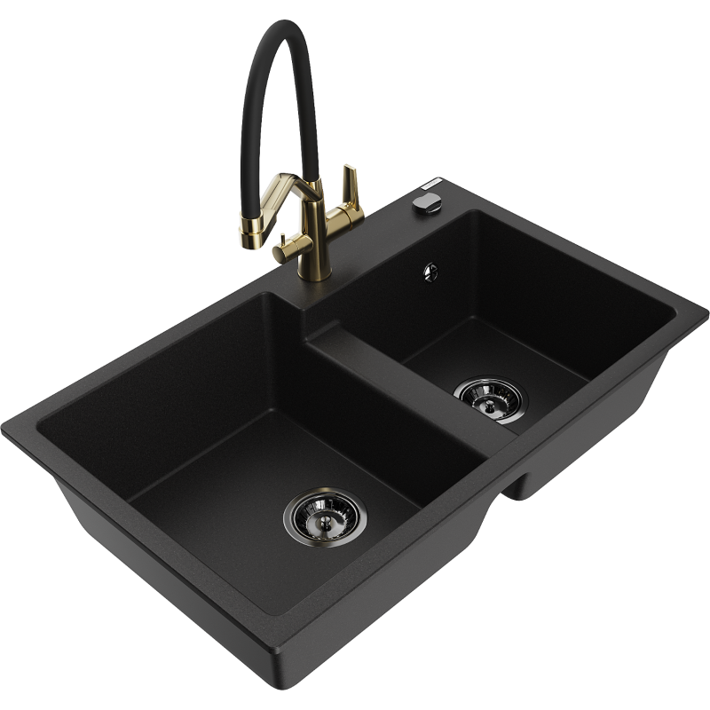 Mexen Tomas гранитна мивка с 2 камери с кухненски смесител Duo, черен - 6516-77-671701-57-B