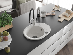 Mexen Kevin гранитна кухненска мивка с 1 корито с кухненски смесител Duo, бял - 6517-20-671701-07-B