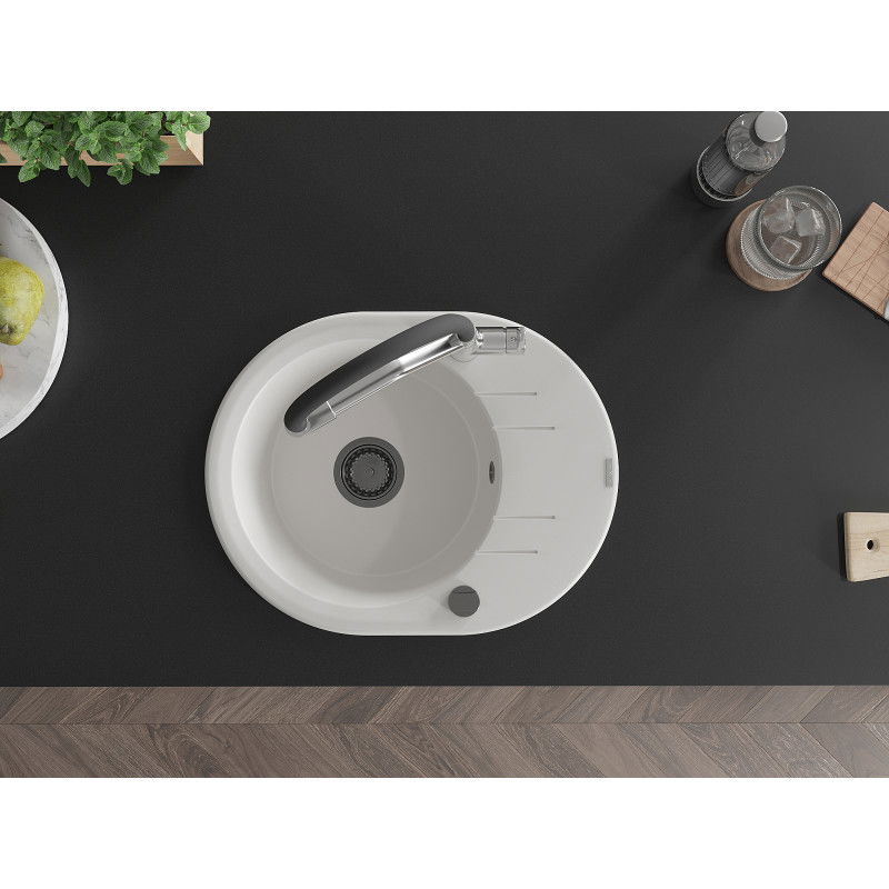 Mexen Kevin гранитна кухненска мивка с 1 корито с кухненски смесител Duo, бял - 6517-20-671701-07-B