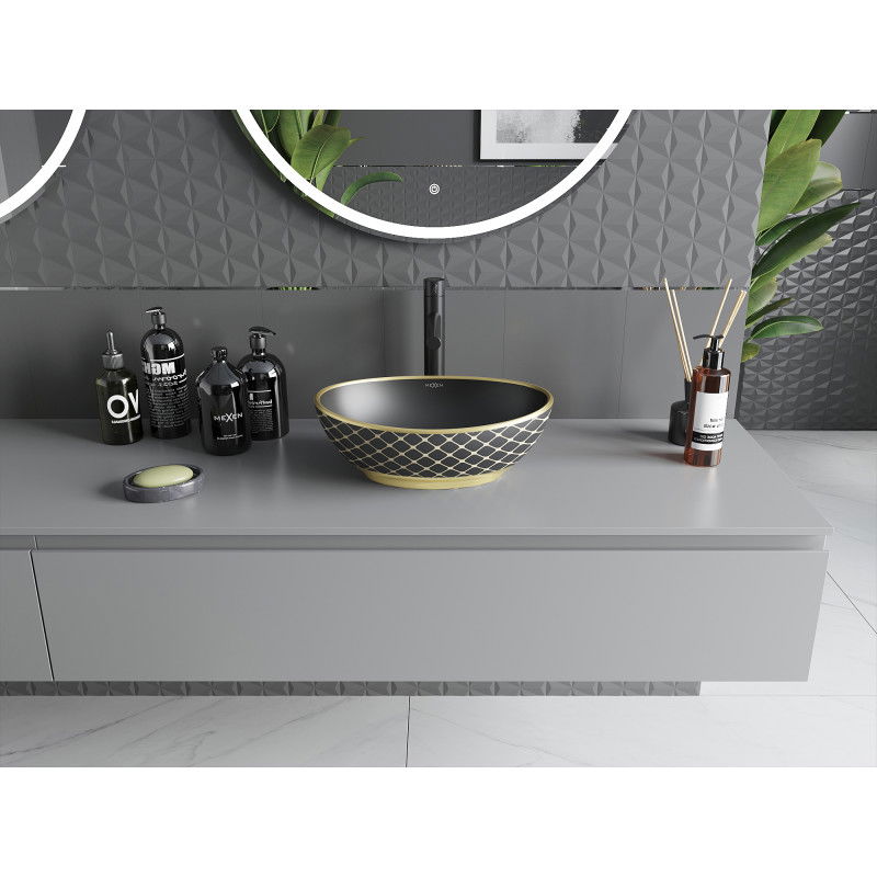 Mexen Elza умивалник за плот 40 x 33 см, черно мат/златна шарка решетка - 21014029