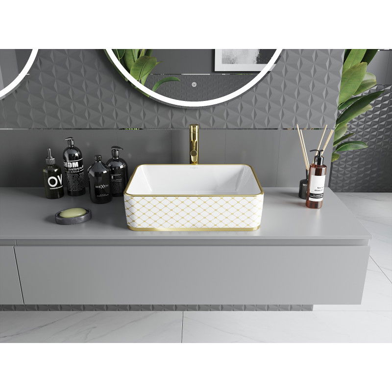 Mexen Catia умивалник за плот 48 x 37 см, бял/златист модел решетка - 21314809