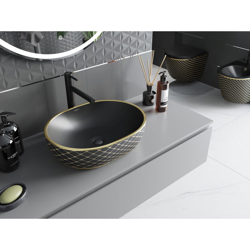 Mexen Viki умивалник монтиран върху плота 48 x 35 см, черен мат/златист решетъчен мотив - 21054879