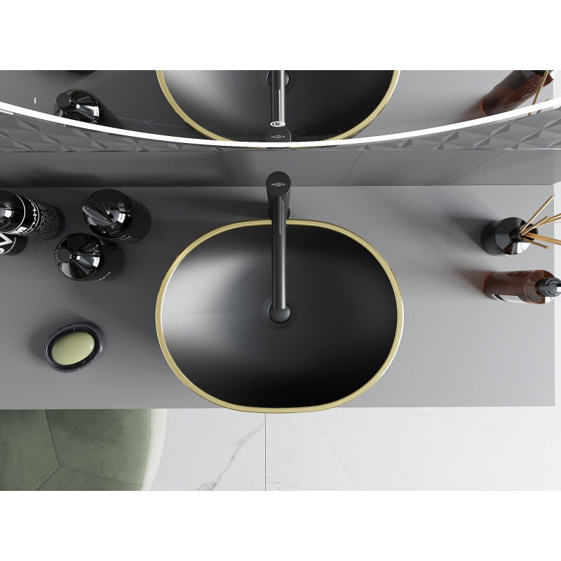 Mexen Viki умивалник монтиран върху плота 48 x 35 см, черен мат/златист решетъчен мотив - 21054879