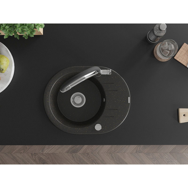 Mexen Kevin 1-камерна кухненска мивка от гранит с кухненски смесител Duo, черно/златен металик - 6517-75-671701-07