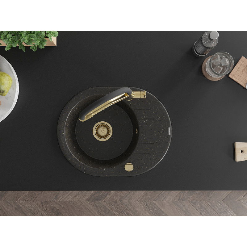Mexen Kevin гранитна кухненска мивка 1-коморна с кухненска батерия Duo, черен/златист металик - 6517-75-671701-57-G