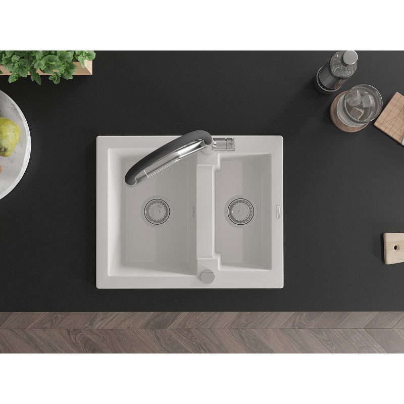 Mexen Carlos гранитна мивка 1,5-коморна с кухненски смесител Duo, бял - 6518-20-671701-07