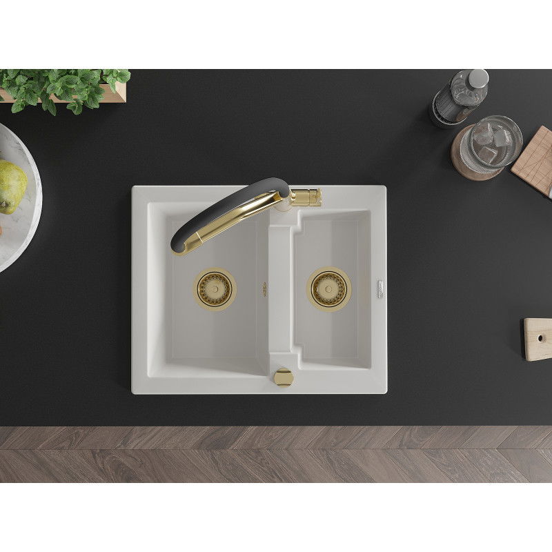 Mexen Carlos гранитна мивка 1,5-камерна с кухненски смесител Duo, бял - 6518-20-671701-57-G