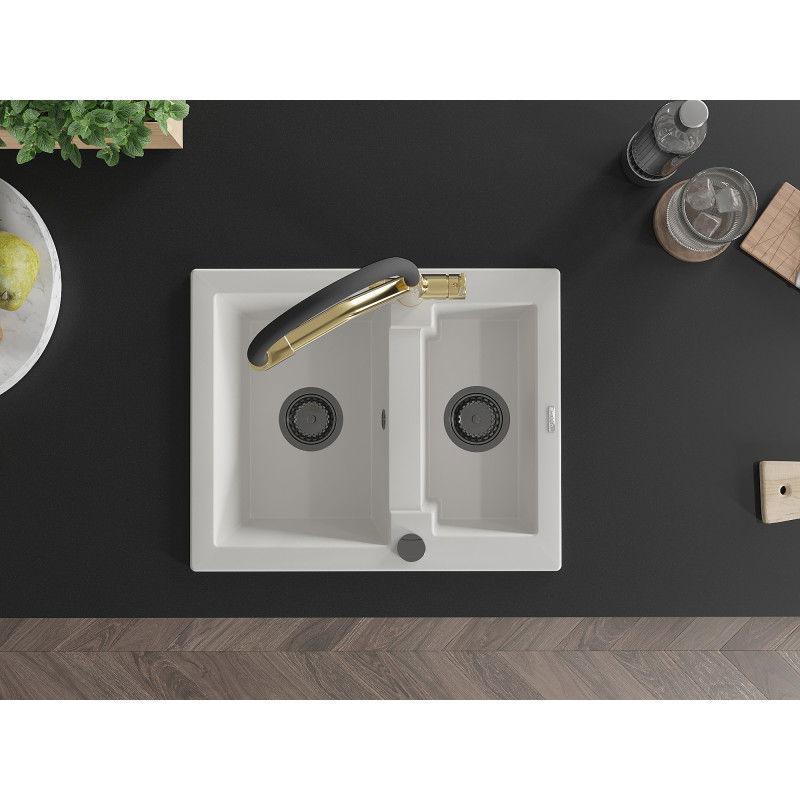 Mexen Carlos гранитна мивка 1,5-камерна с кухненски смесител Duo, бял - 6518-20-671701-57-B