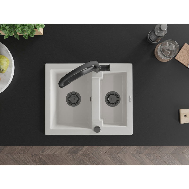Mexen Carlos Гранитна кухня мивка 1,5 камери с кухненски кран Duo, бял - 6518-20-671701-70-B