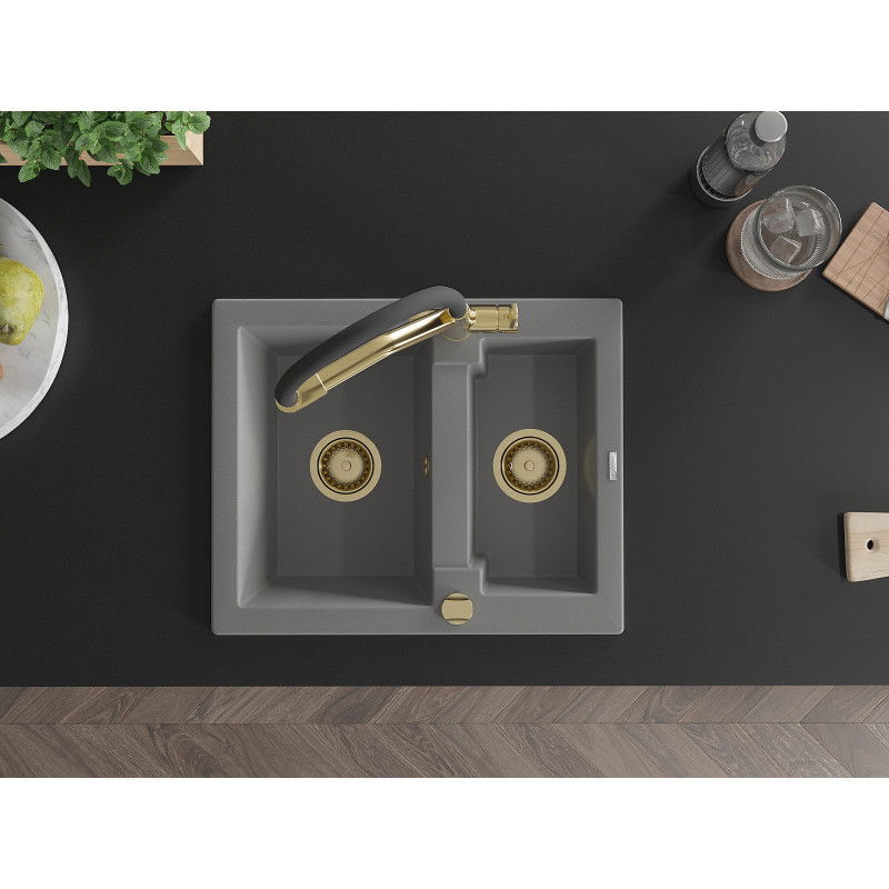 Mexen Carlos гранитна мивка 1,5-коморна с кухненски смесител Duo, сив - 6518-71-671701-57-G