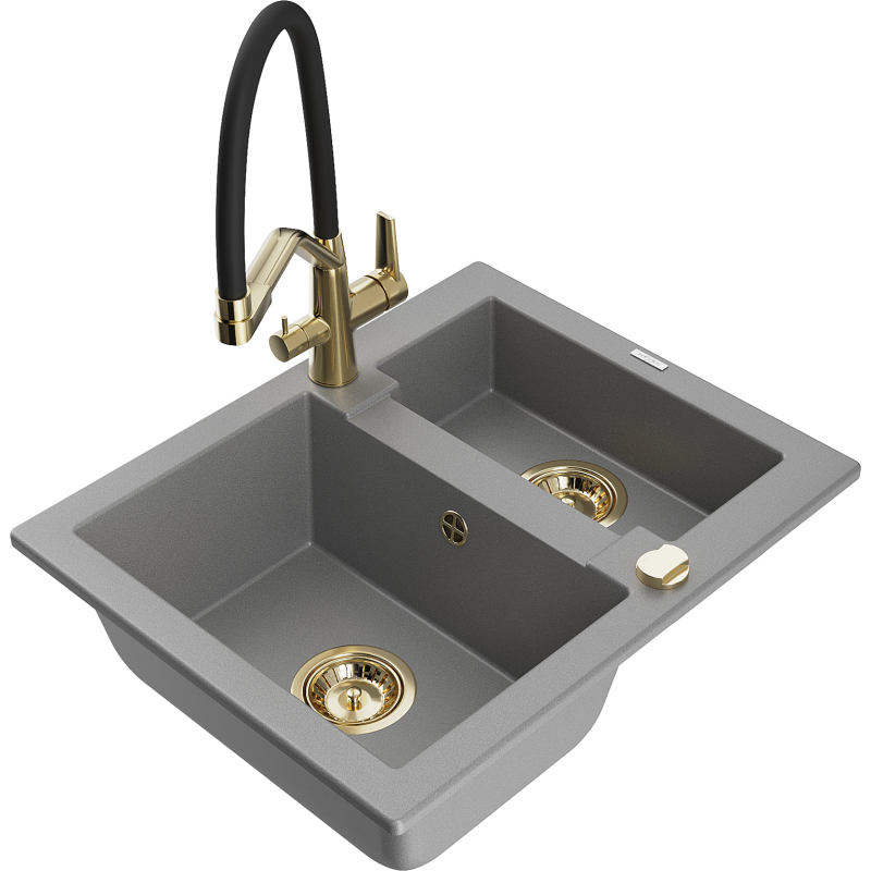Mexen Carlos гранитна мивка 1,5-коморна с кухненски смесител Duo, сив - 6518-71-671701-57-G