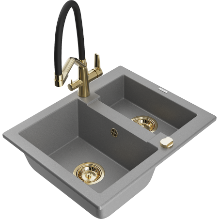 Mexen Carlos гранитна мивка 1,5-коморна с кухненски смесител Duo, сив - 6518-71-671701-57-G