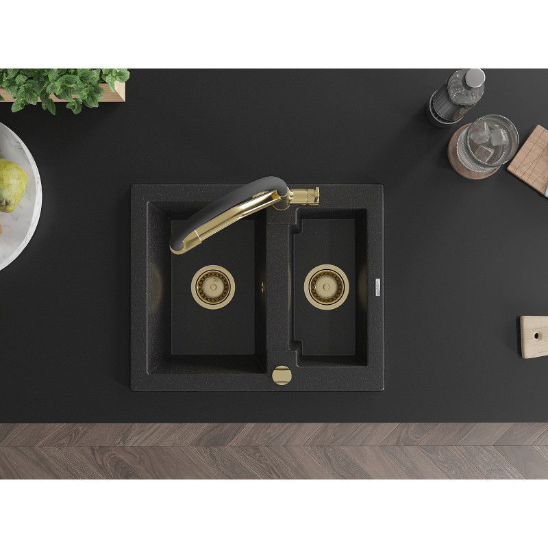 Mexen Carlos гранитна мивка с 1,5 отделения и кухненски смесител Duo, черен/сребърен металик - 6518-73-671701-57-G