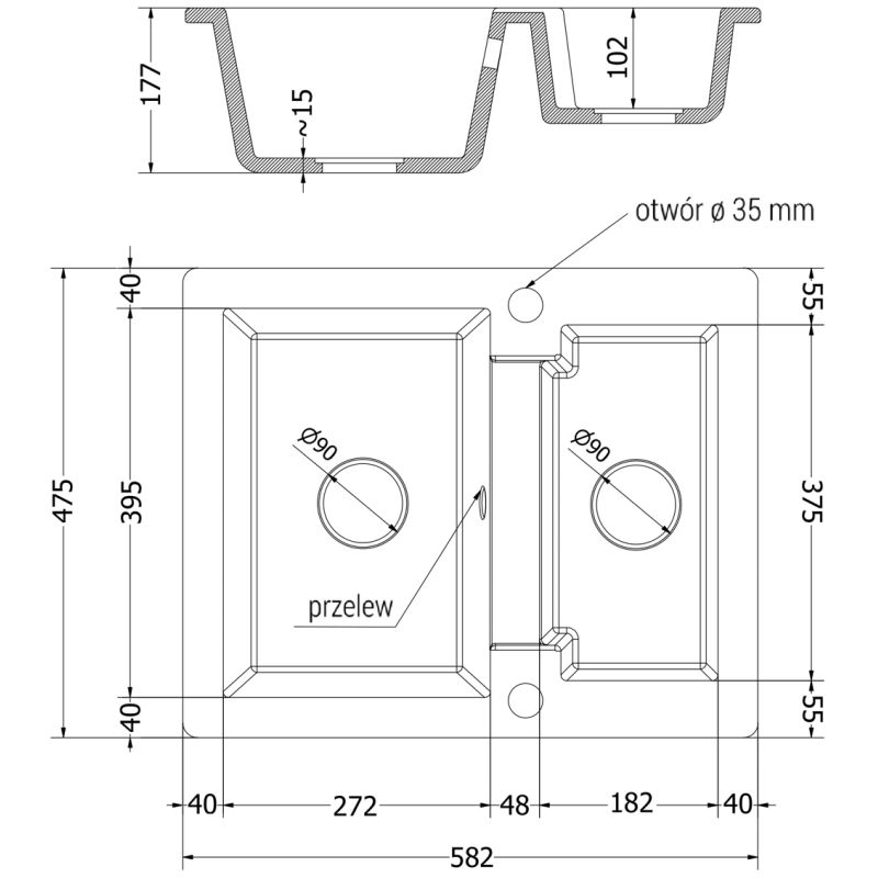 Mexen Carlos гранитна кухненска мивка 1,5-камерна с кухненски смесител Duo, черен/сребърен металик - 6518-73-671701-70-B