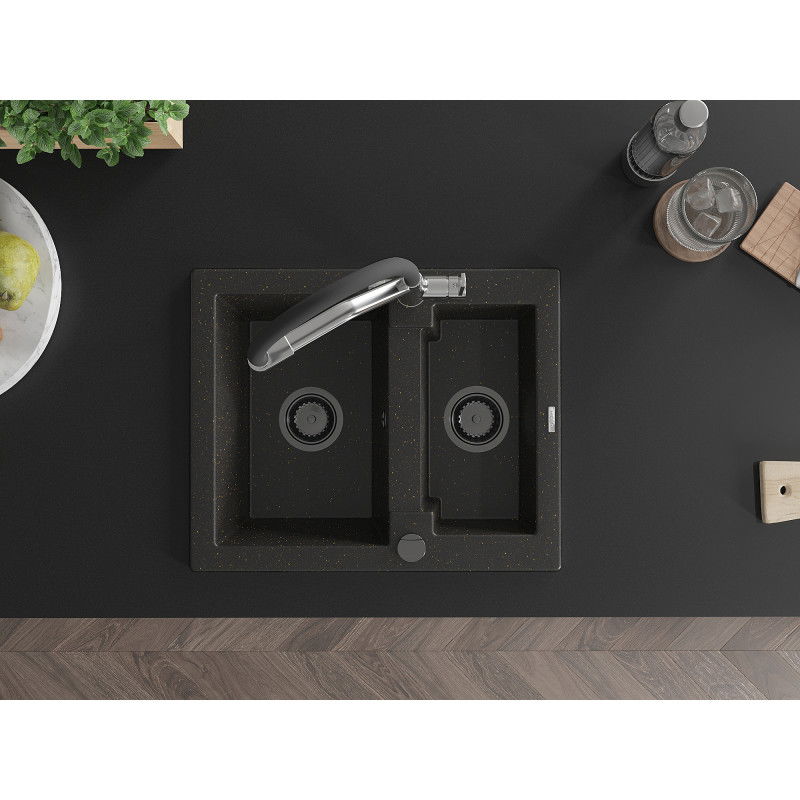 Mexen Carlos гранитна мивка с 1,5 камери с кухненски смесител Duo, черен/златист металик - 6518-75-671701-07-B
