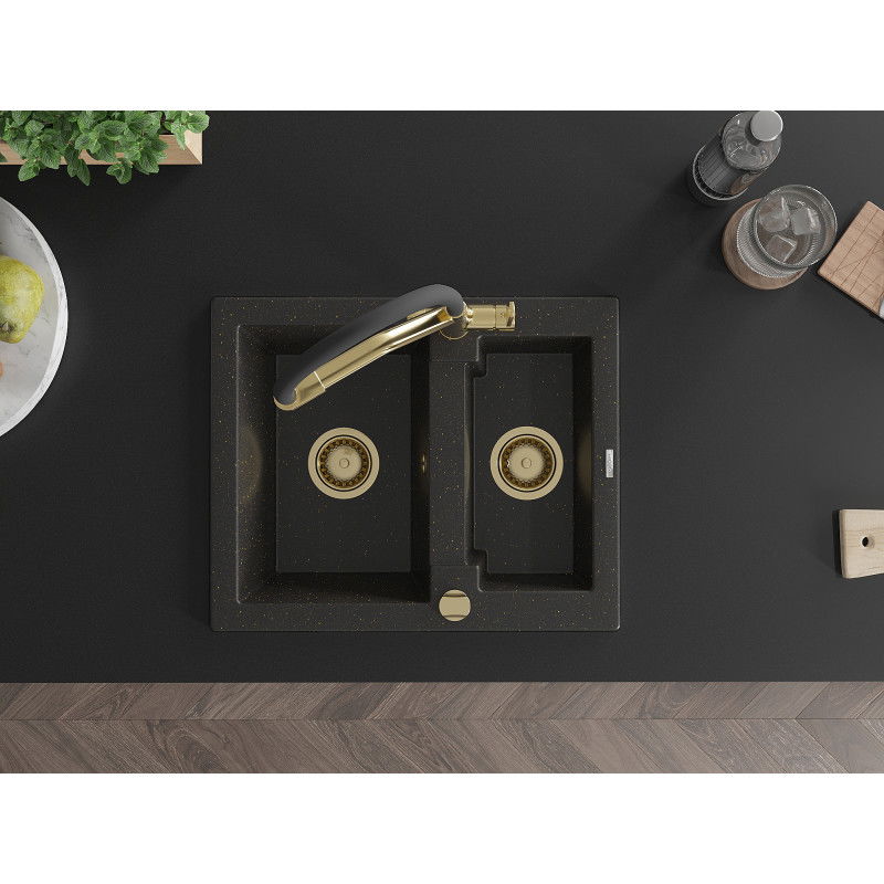 Mexen Carlos гранитна мивка 1,5-компартиментна с кухненски смесител Duo, черен/златист металик - 6518-75-671701-57-G