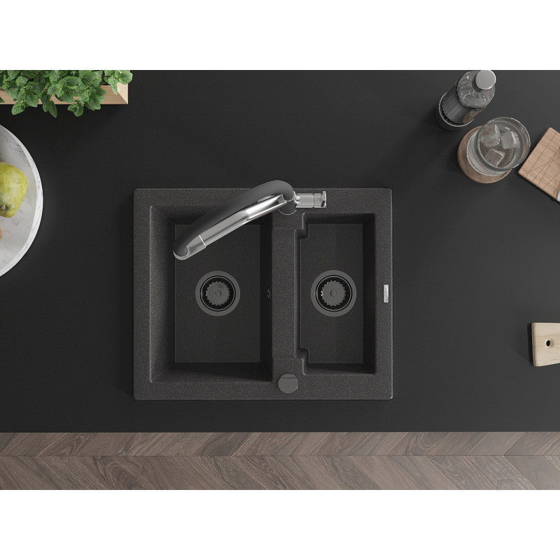Mexen Carlos гранитна мивка с 1,5 камери и кухненски смесител Duo, черен напукан - 6518-76-671701-07-B