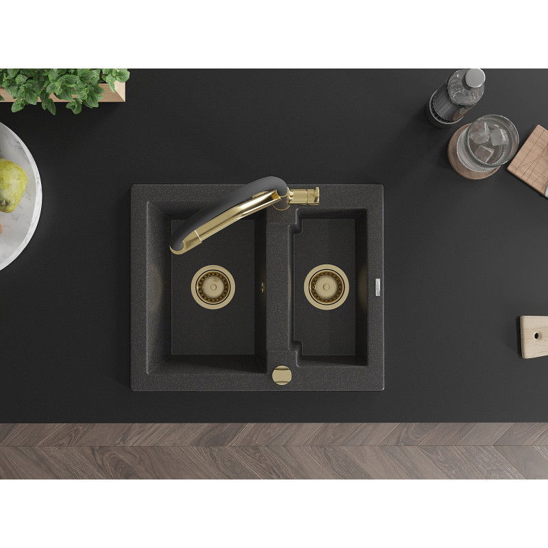 Mexen Carlos кухненска гранитна мивка с 1,5 камери и кухненски смесител Duo, черен напръскан - 6518-76-671701-57-G
