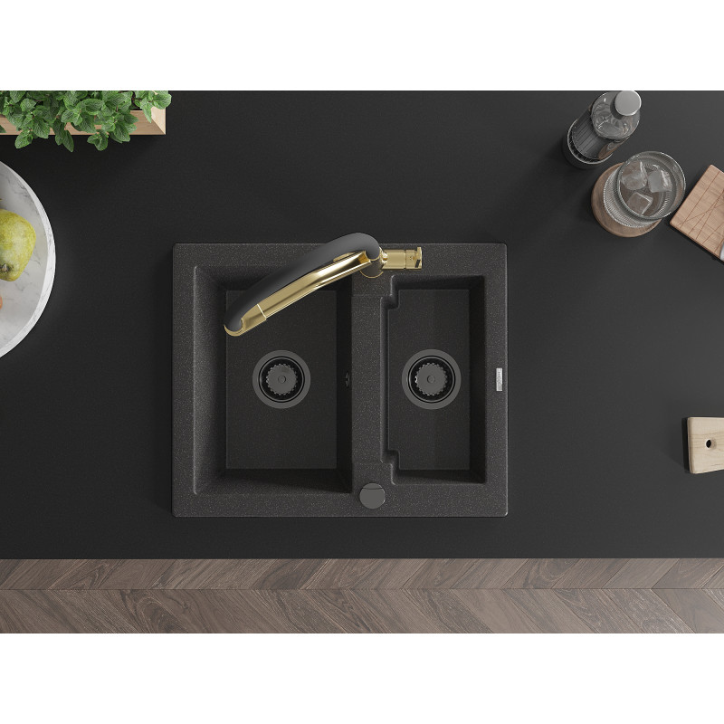 Mexen Carlos гранитна мивка с 1,5 камери с кухненски смесител Duo, черен на пръски - 6518-76-671701-57-B