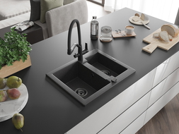 Mexen Carlos гранитна мивка 1,5-камерна с кухненски смесител Duo, черно накъдрено - 6518-76-671701-70-B