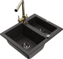 Mexen Carlos гранитна мивка с 1,5 камери с кухненски смесител Duero, черен/златен металик - 6518-75-671600-50-B