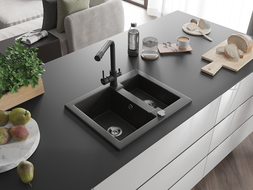 Mexen Carlos гранитна кухненска мивка 1,5-камерна с кухненски смесител Duero, черен/златен металик - 6518-75-671600-70