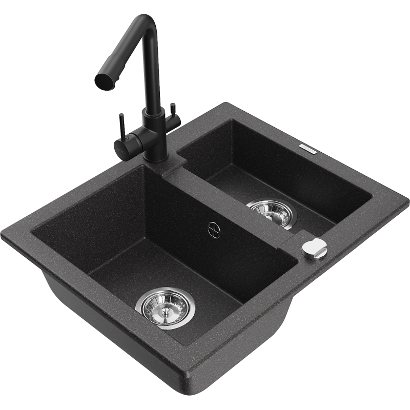 Mexen Carlos гранитна мивка с 1,5 камери с кухненски смесител Duero, черен с
