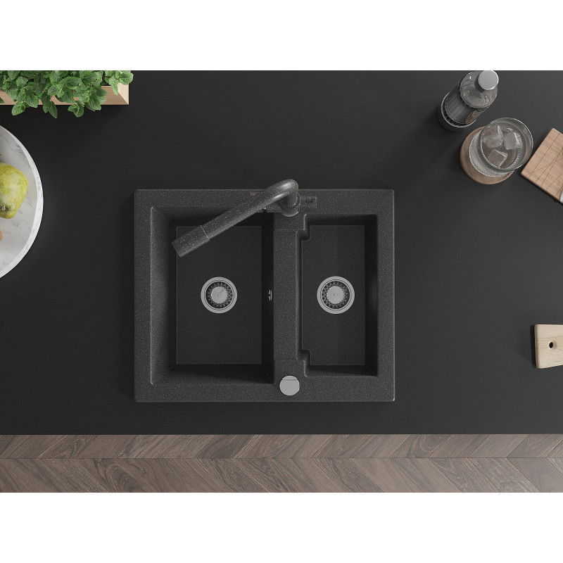 Mexen Carlos гранитна мивка с 1,5 камери и кухненски смесител Duero, черна на точки - 6518-76-671600-76