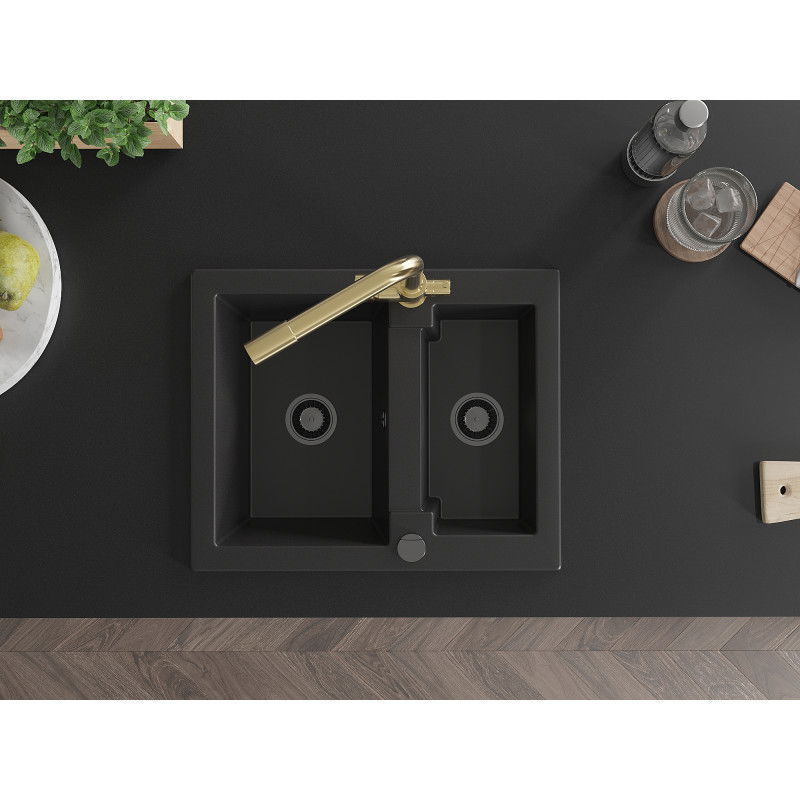 Mexen Carlos гранитна мивка 1,5-камерна с кухненски смесител Duero, черен - 6518-77-671600-50-B