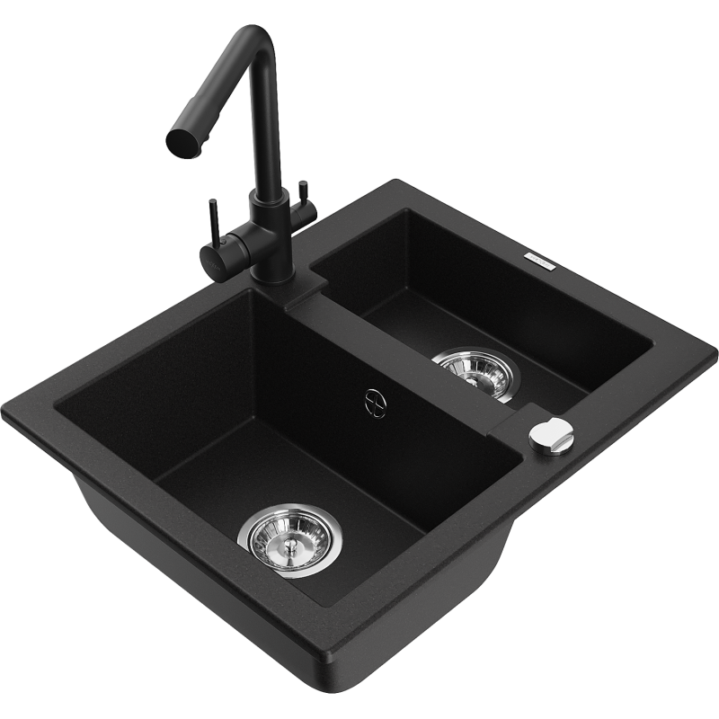 Mexen Carlos гранитна мивка с 1,5 корита с кухненски смесител Duero, черна