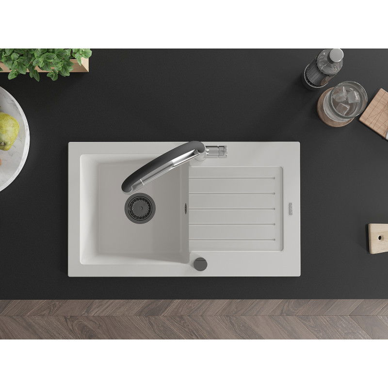 Mexen Pablo еднокамерен гранитен мивка с отцедник и кухненски смесител Duo, бял - 6510-20-671701-07-B