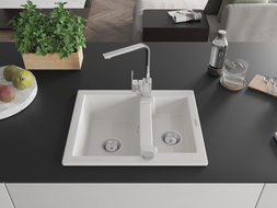 Mexen Carlos гранитна мивка 1,5-корпусна с кухненски смесител Рита, бял