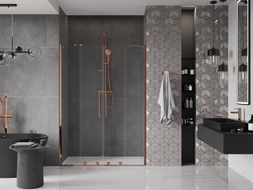 Mexen Velar Дуо плъзгащи се душ врати 140 см, прозрачни, розово злато