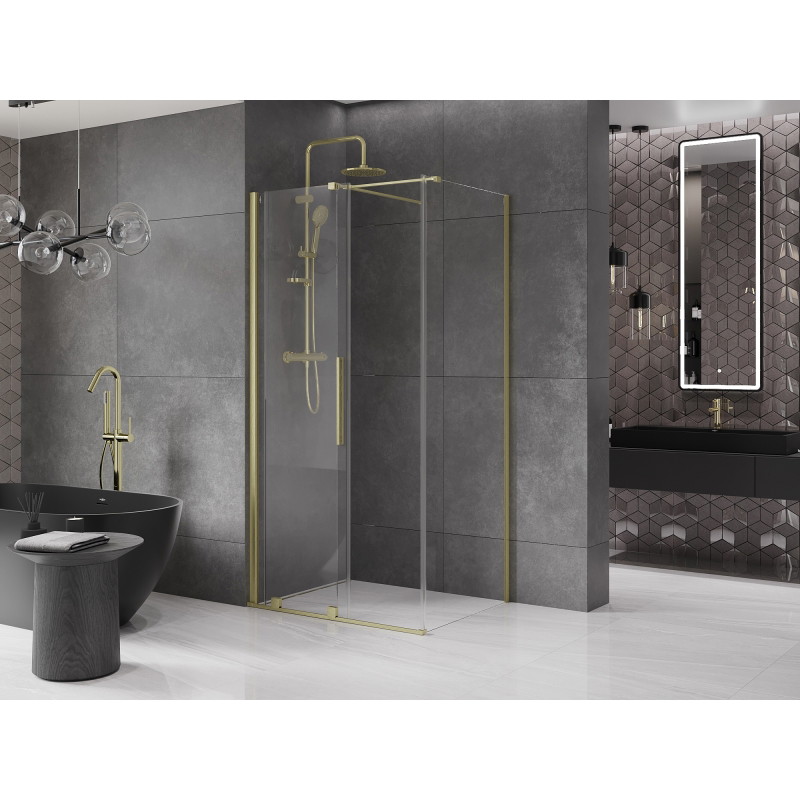 Mexen Velar плъзгаща се душ кабина 110 x 85 см, прозрачна, златиста матова