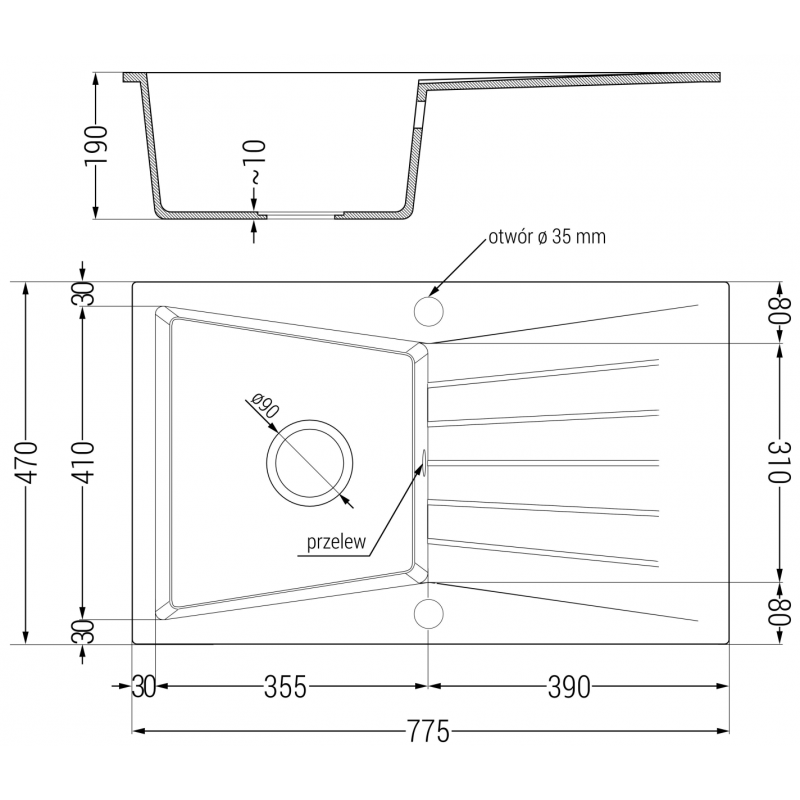 Mexen Cesar гранитна мивка с 1 корито и изтичащ плот 775 x 470 мм, сива, хромиран