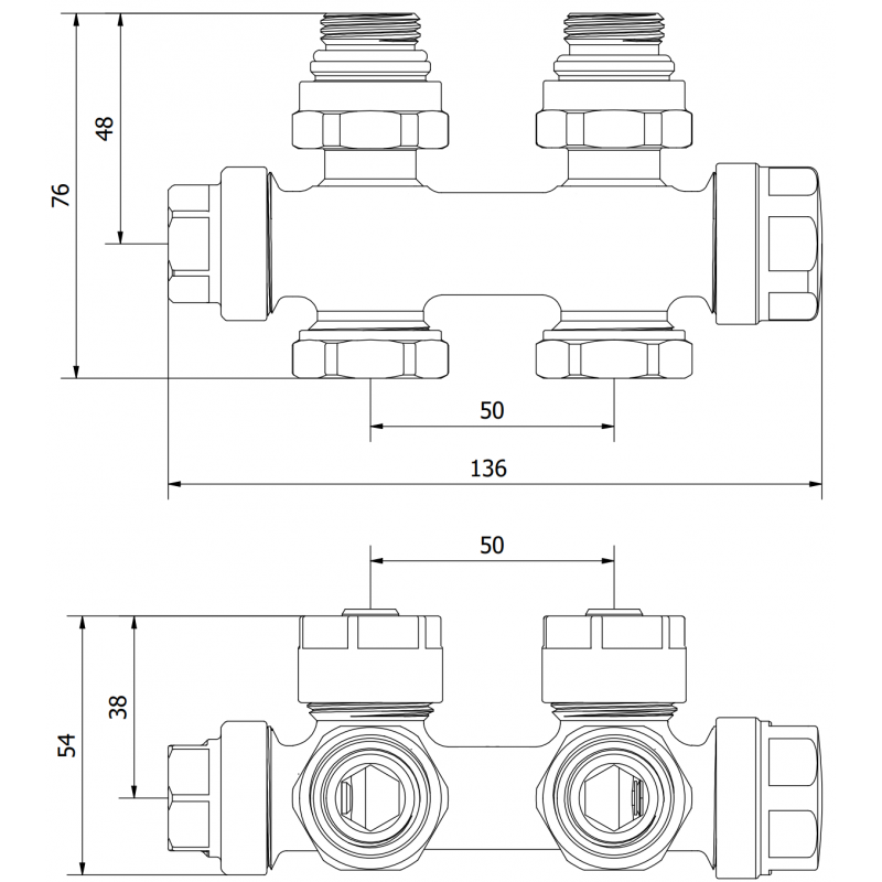 Mexen Uni-Term радиаторен вентил ъглов/прав, Duplex, DN50, черен - W908-000-70