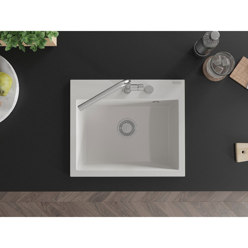 Mexen Oscar гранитна кухненска мивка с 1 корито 580 x 490 мм, бяла, сифон хром - 6519581000-20