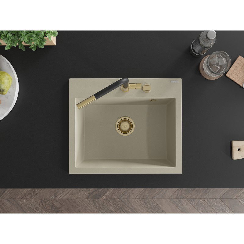Mexen Oscar гранитна мивка с 1 отделение 580 x 490 mm, бежово, сифон златист - 6519581000-69-G