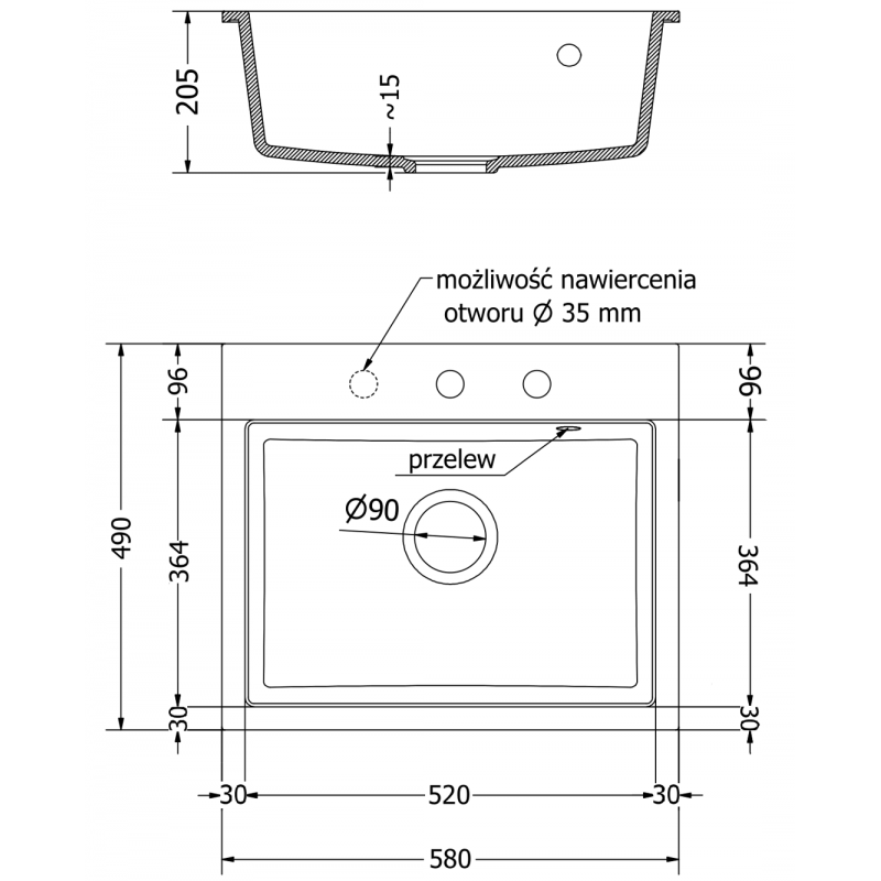 Mexen Oscar гранитна мивка с 1 отделение 580 x 490 мм, сив, златен сифон - 6519581000-71-G