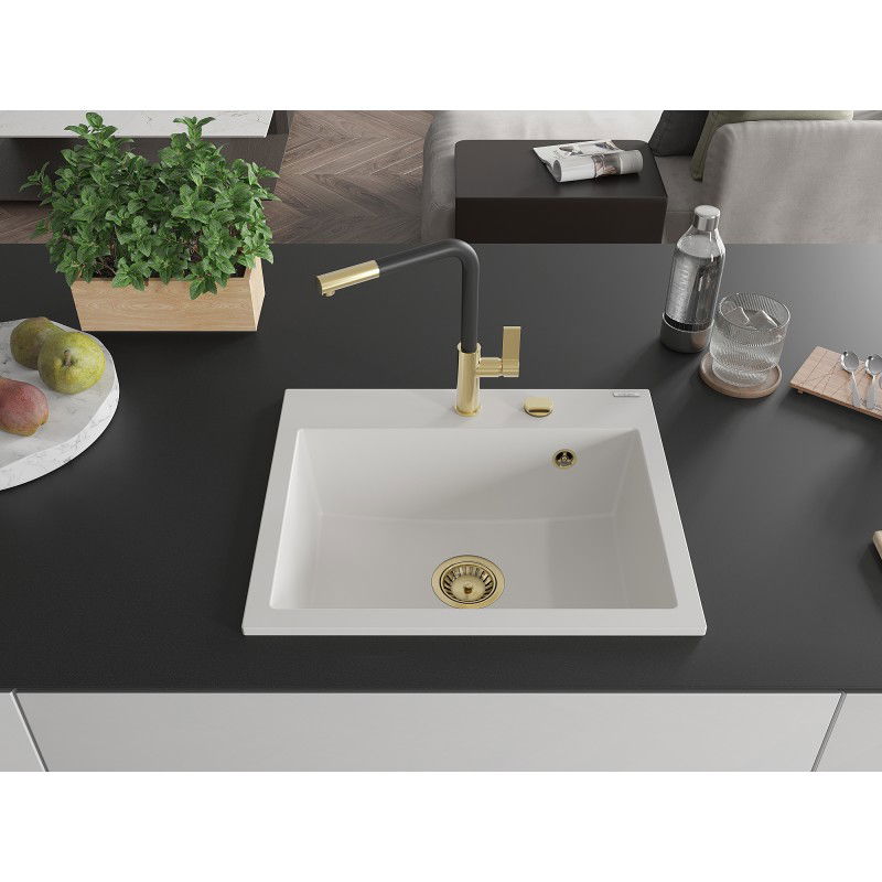 Mexen Oscar мивка от гранит 1-комп. 580 x 490 mm, бял, златен сифон - 6519581000-20-G