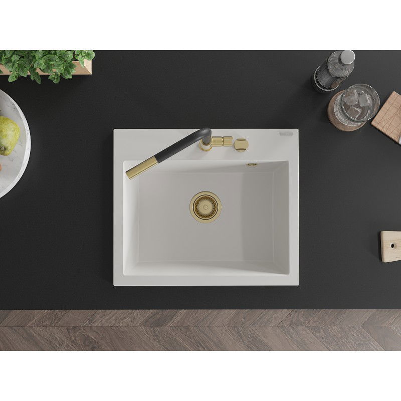 Mexen Oscar мивка от гранит 1-комп. 580 x 490 mm, бял, златен сифон - 6519581000-20-G