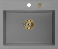 Mexen Oscar гранитна мивка с 1 отделение 580 x 490 мм, сив, златен сифон - 6519581000-71-G