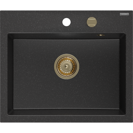 Mexen Oscar гранитна мивка с 1 корито 580 x 490 mm, черен/сребрист металик, златен сифон - 6519581000-73-G