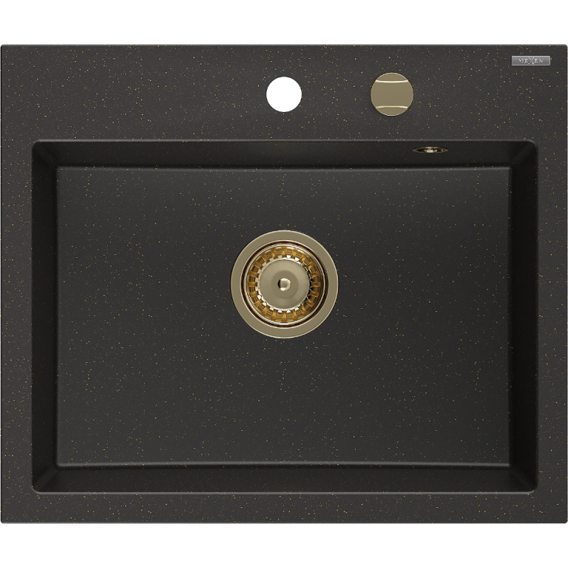 Mexen Oscar гранитна мивка с 1 отделение 580 x 490 mm, черен/златист металик, златен сифон - 6519581000-75-G