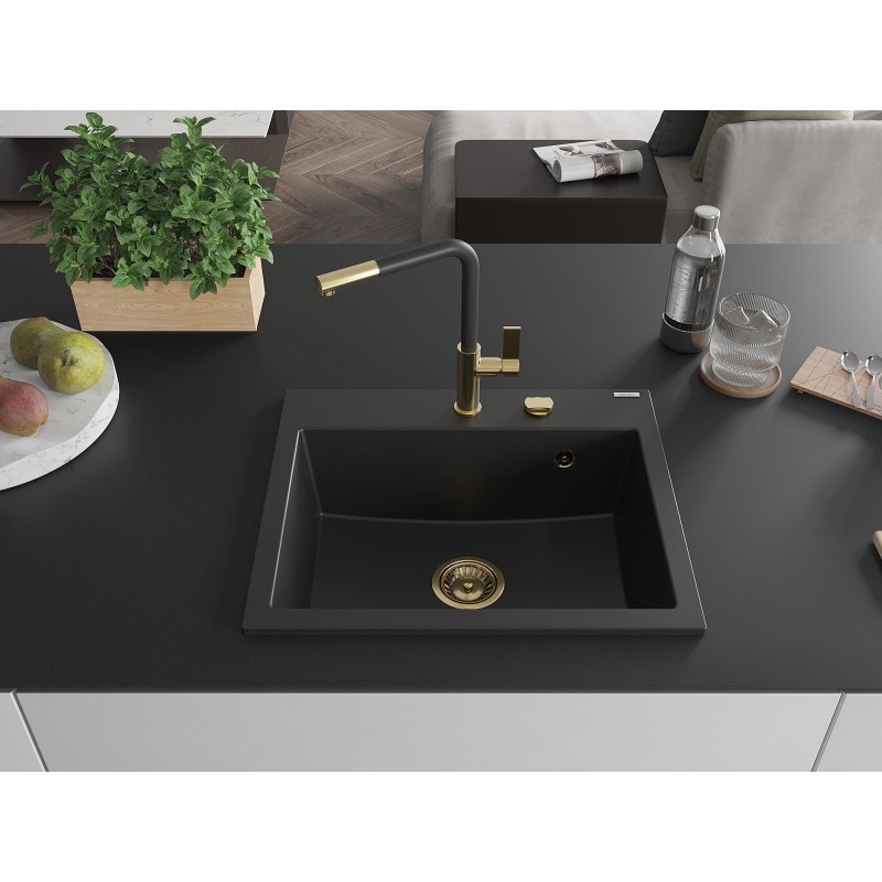 Mexen Oscar гранитна мивка с 1 отделение 580 x 490 mm, черна, сифон златен