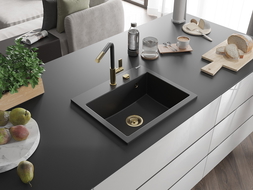 Mexen Oscar гранитна мивка с 1 отделение 580 x 490 mm, черна, сифон златен - 6519581000-77-G