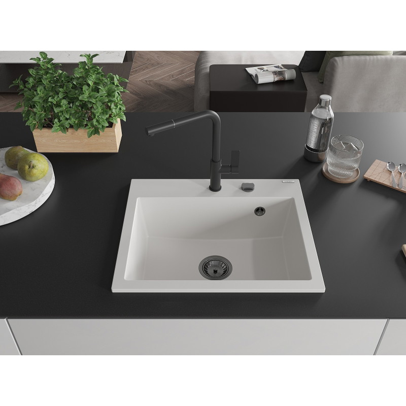 Mexen Oscar гранитна мивка с 1 камера 580 x 490 mm, бял, черен сифон - 6519581000-20-B