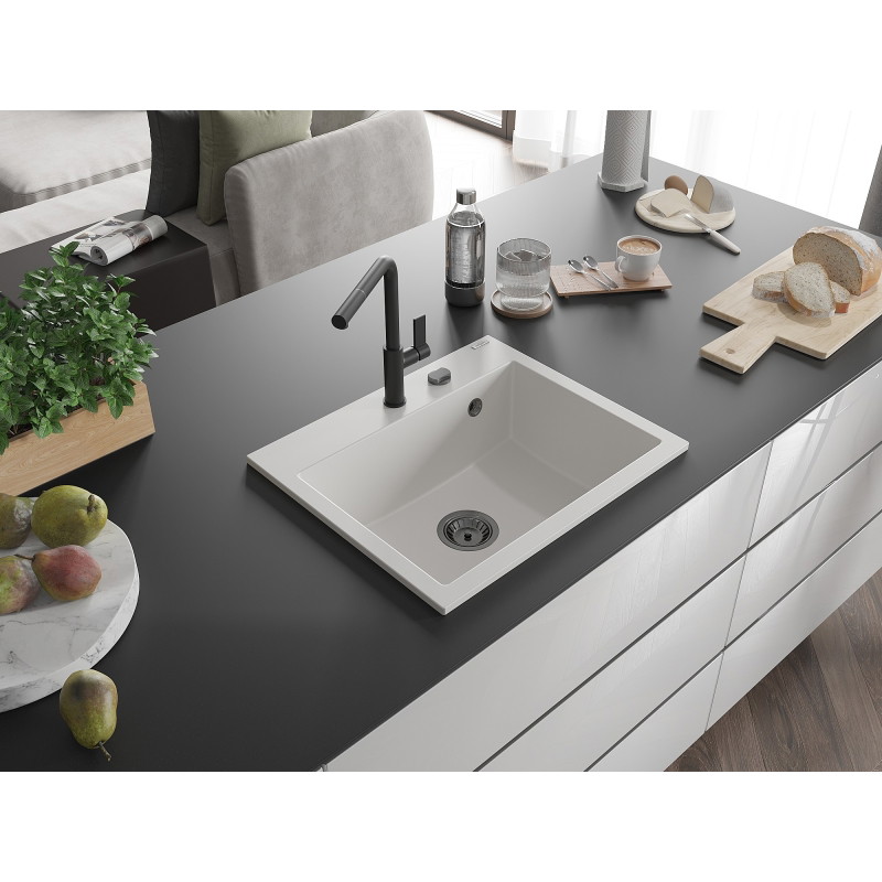 Mexen Oscar гранитна мивка с 1 камера 580 x 490 mm, бял, черен сифон - 6519581000-20-B